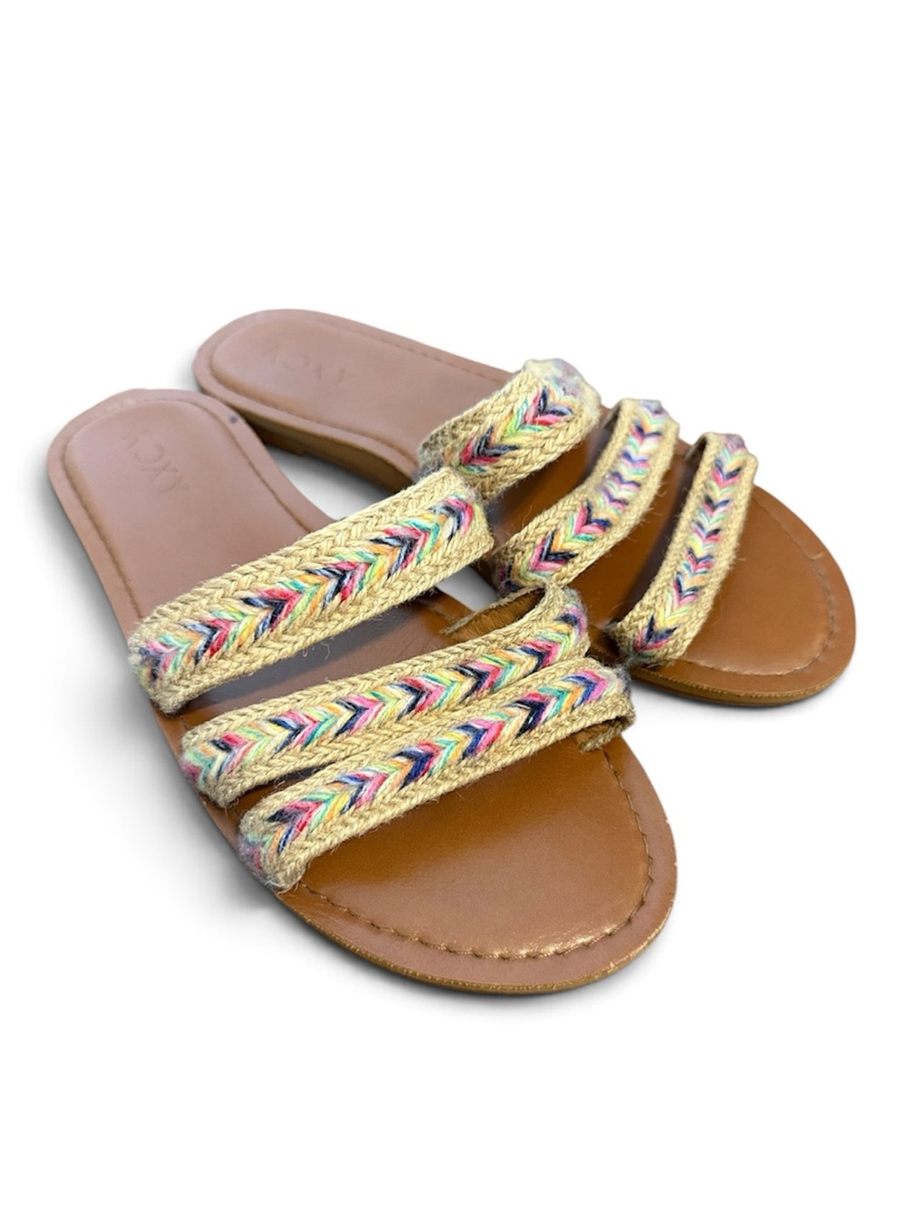 Roxy | Braided Multicolor-Strap Tan Slide Sandals